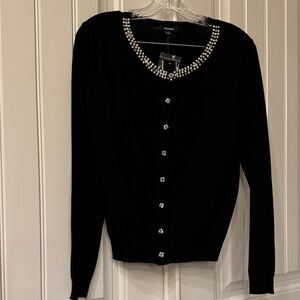 Premise Black Pearl-Trim Crystal Button Cardigan